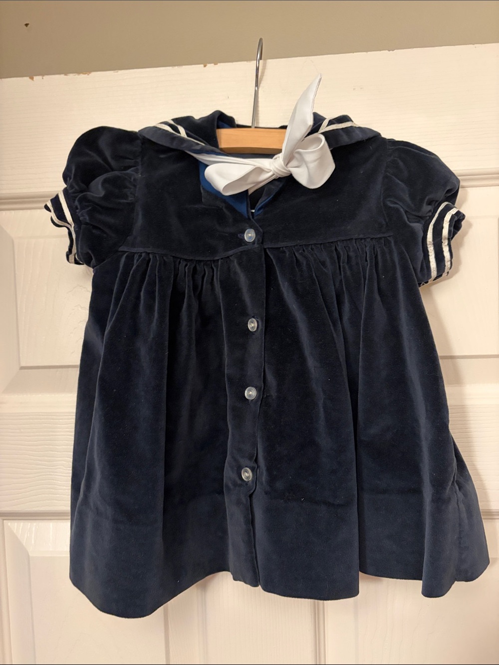 Vintage Navy Velvet Sailor Dress with White Bow